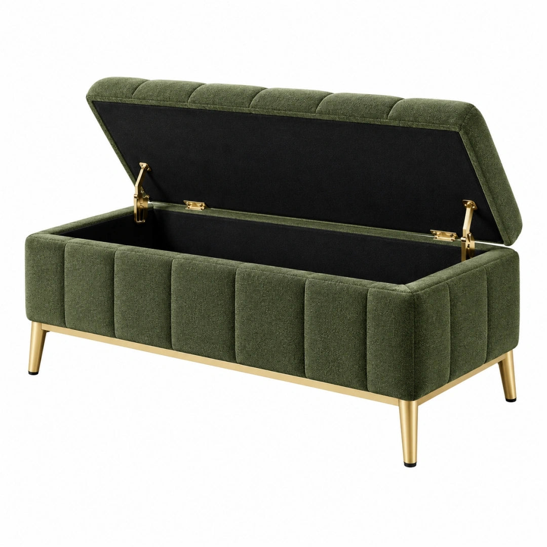 Banc coffre 120 x 45 x 50 cm en tissu vert avec rangement style contemporain