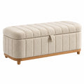 Banc coffre 100 x 45 x 48 cm en tissu bouclette beige avec pieds en bois style contemporain