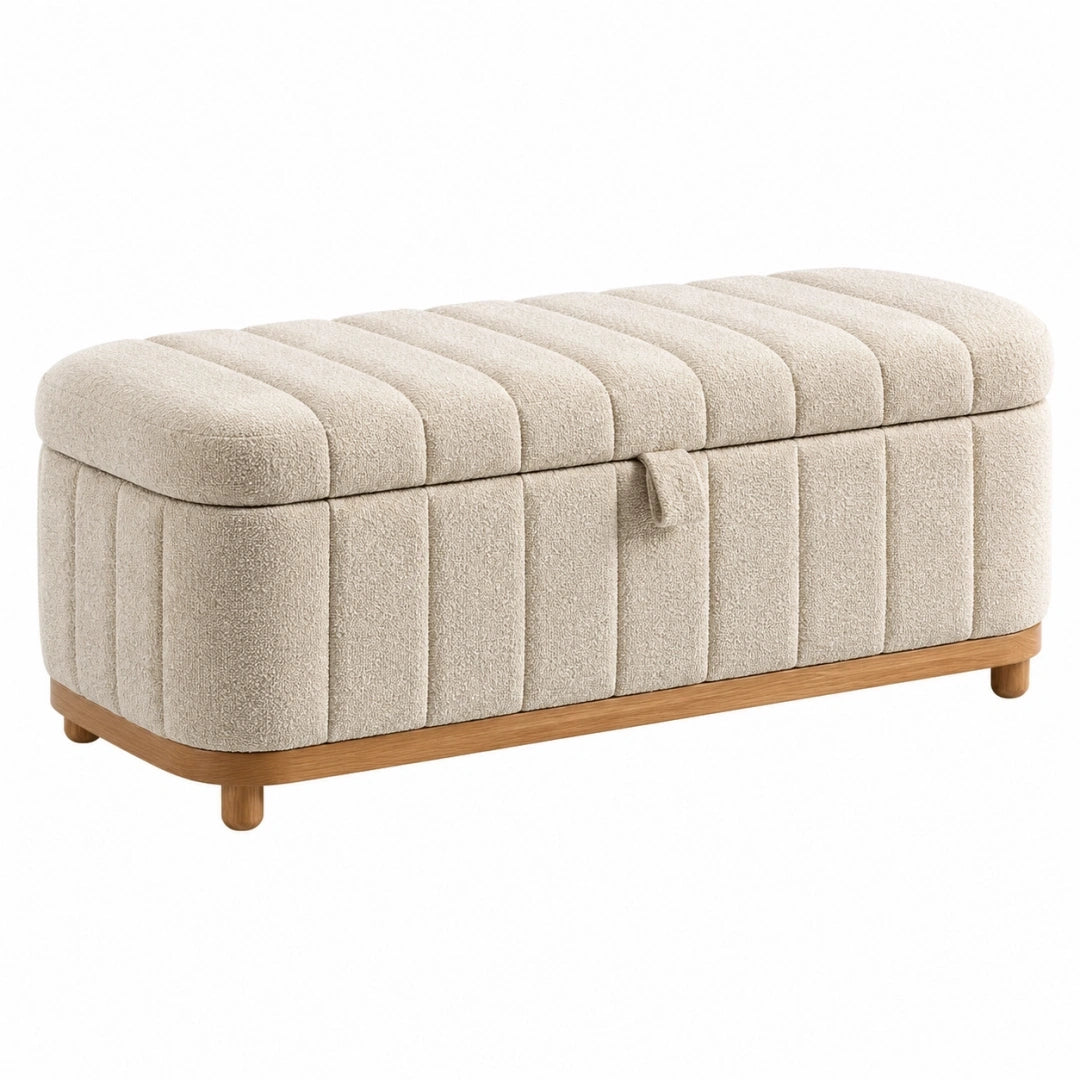Banc coffre 100 x 45 x 48 cm en tissu bouclette beige avec pieds en bois style contemporain