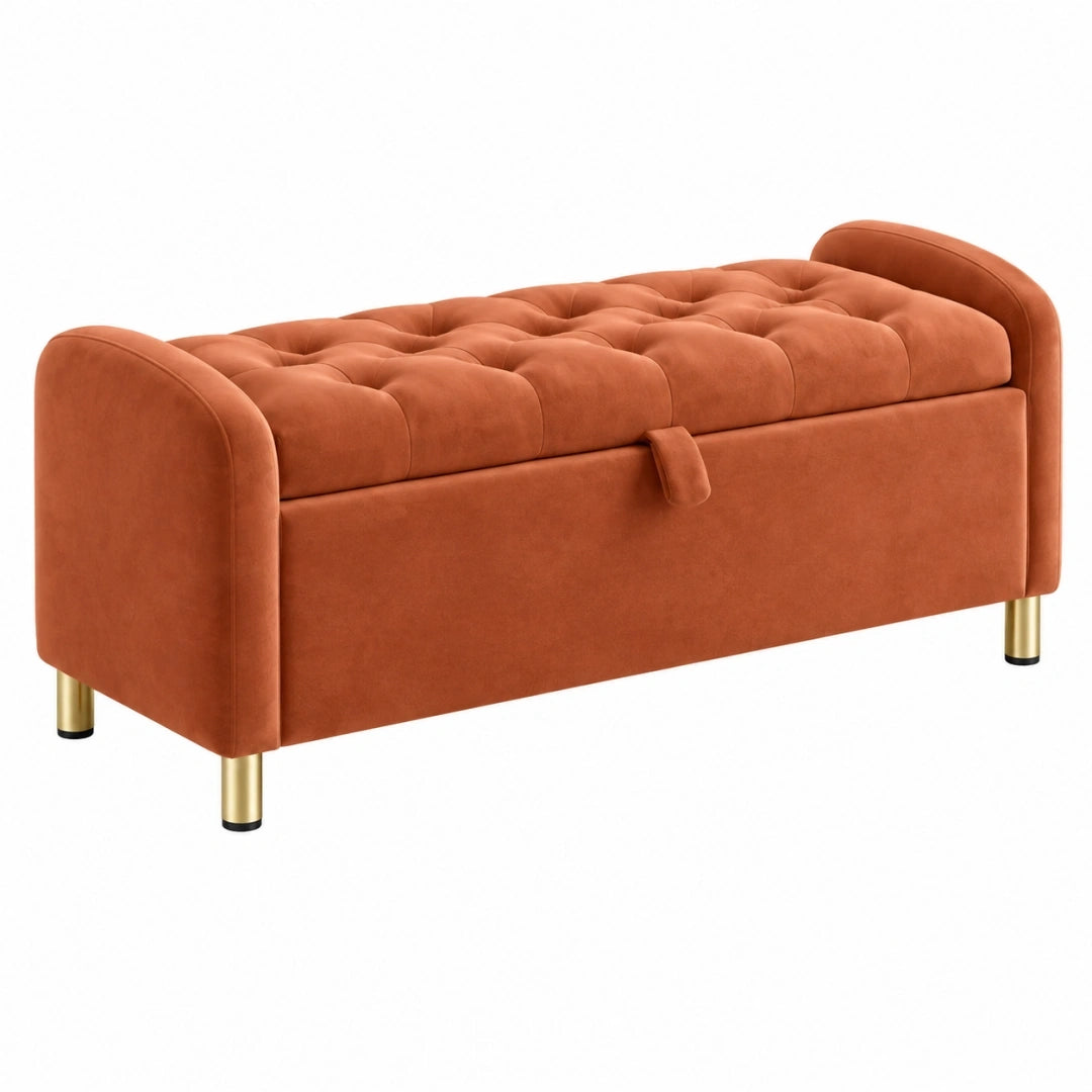 Banquette coffre 120 x 45 x 65 cm en velours terracotta capitonnée avec rangement