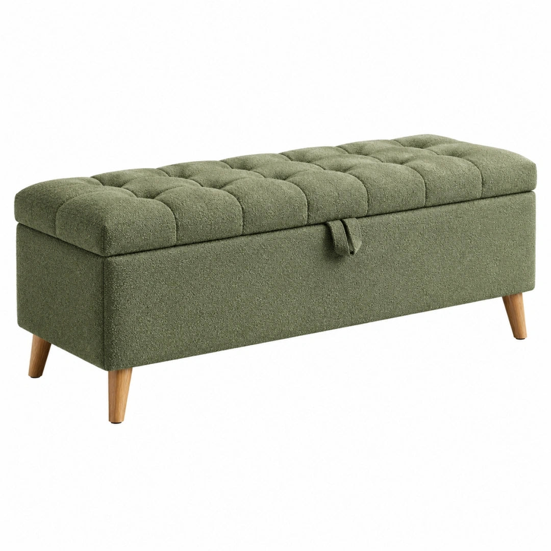 Banc de rangement 120 cm en tissu bouclette vert kaki avec pieds en bois