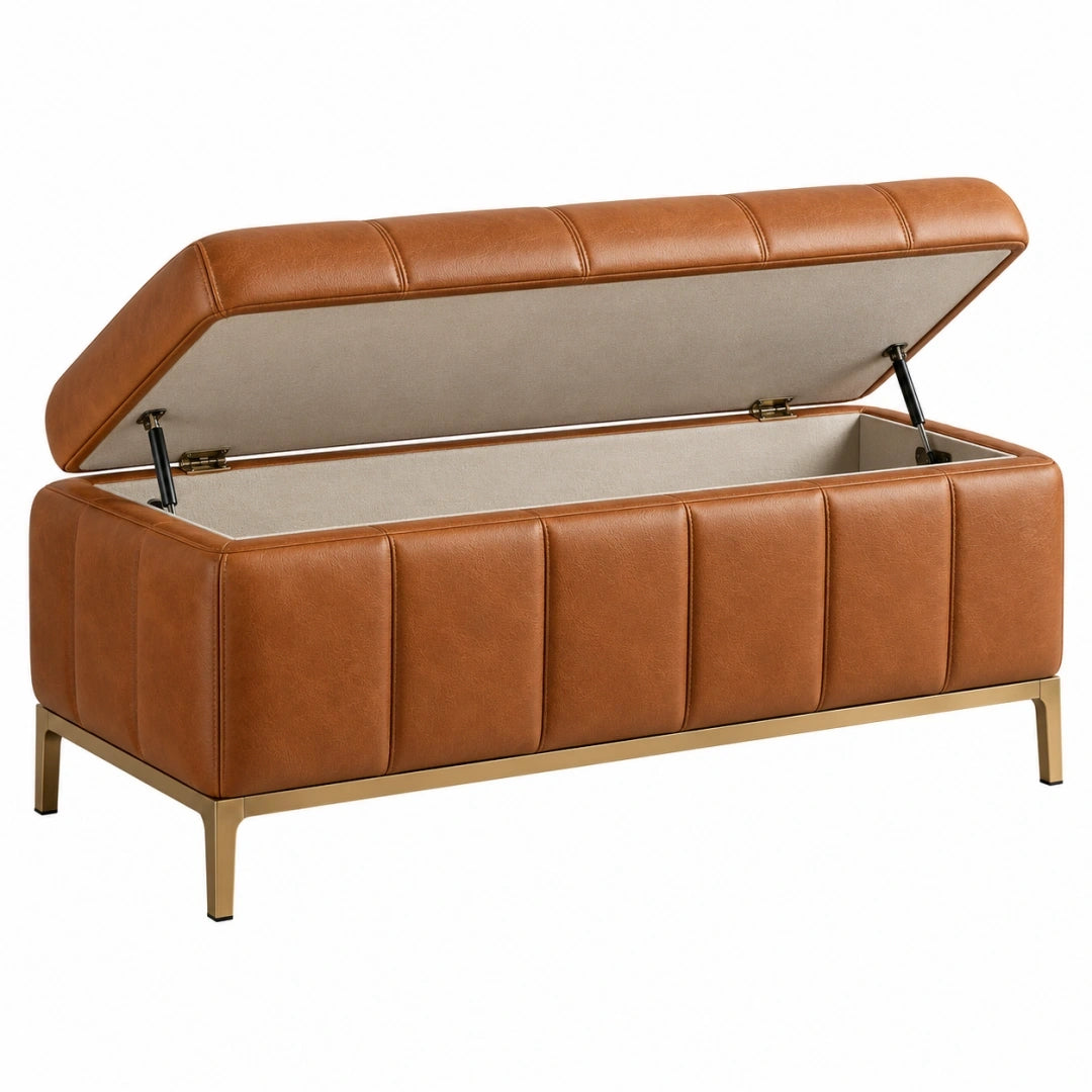 Banc coffre 120 cm brun revêtement aspect cuir capitonné avec rangement
