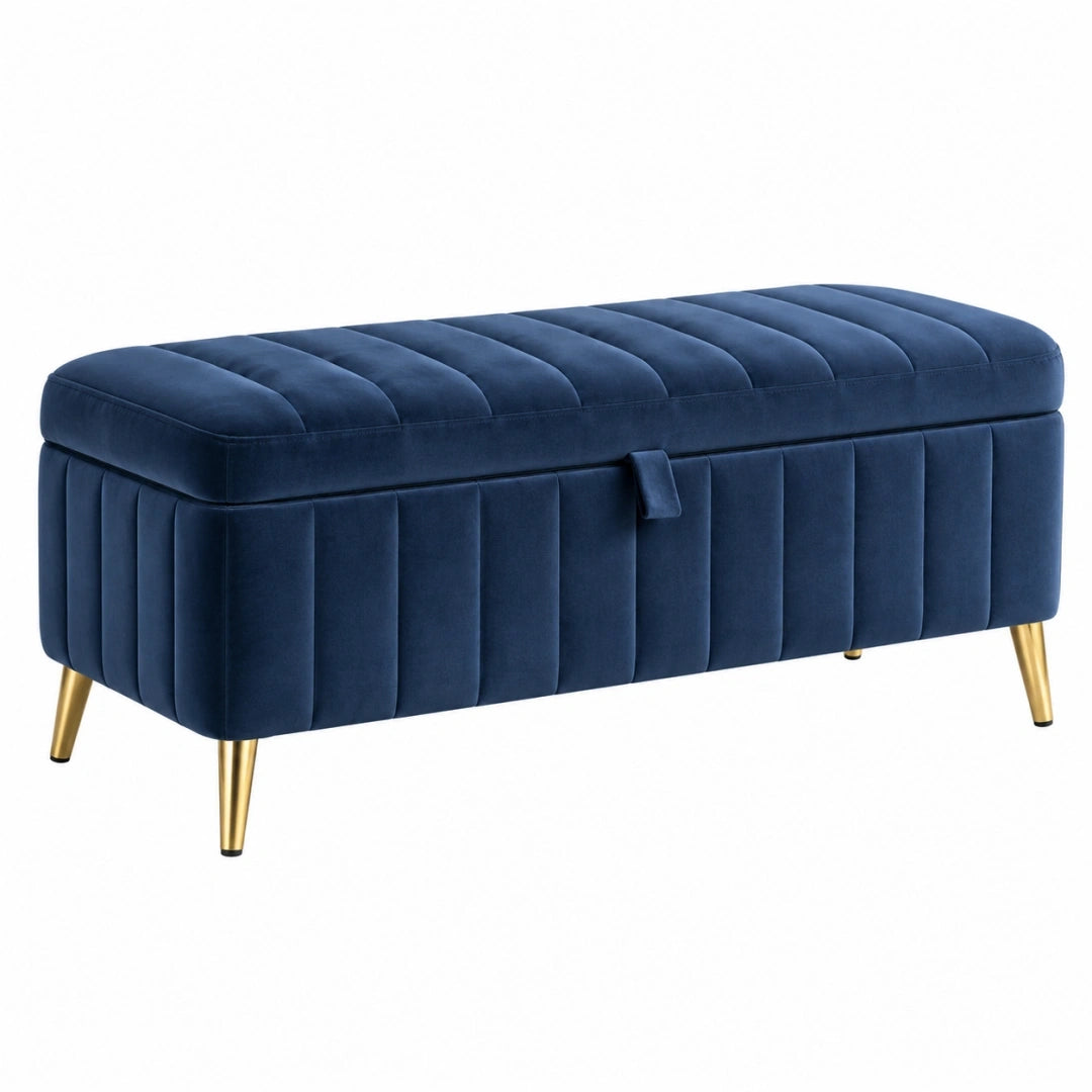 Banc coffre 100 x 40 x 45 cm bleu marine en tissu effet velours style contemporain