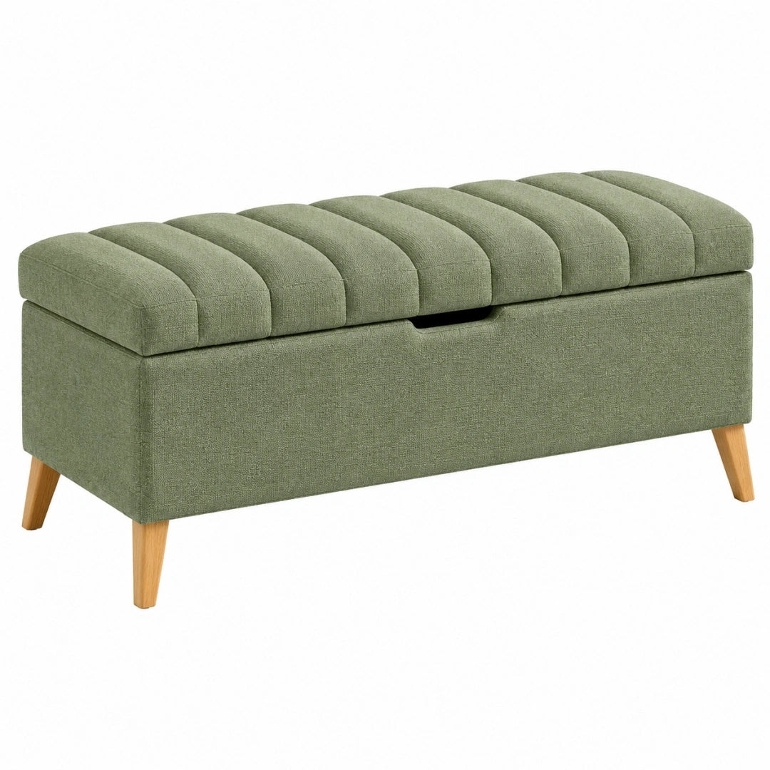 Banquette coffre 100 cm en tissu vert avec pieds en bois style scandinave