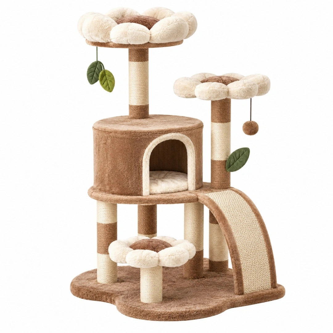 Arbre à chat 60 x 50 x 120 cm beige et marron en peluche avec griffoirs et niches