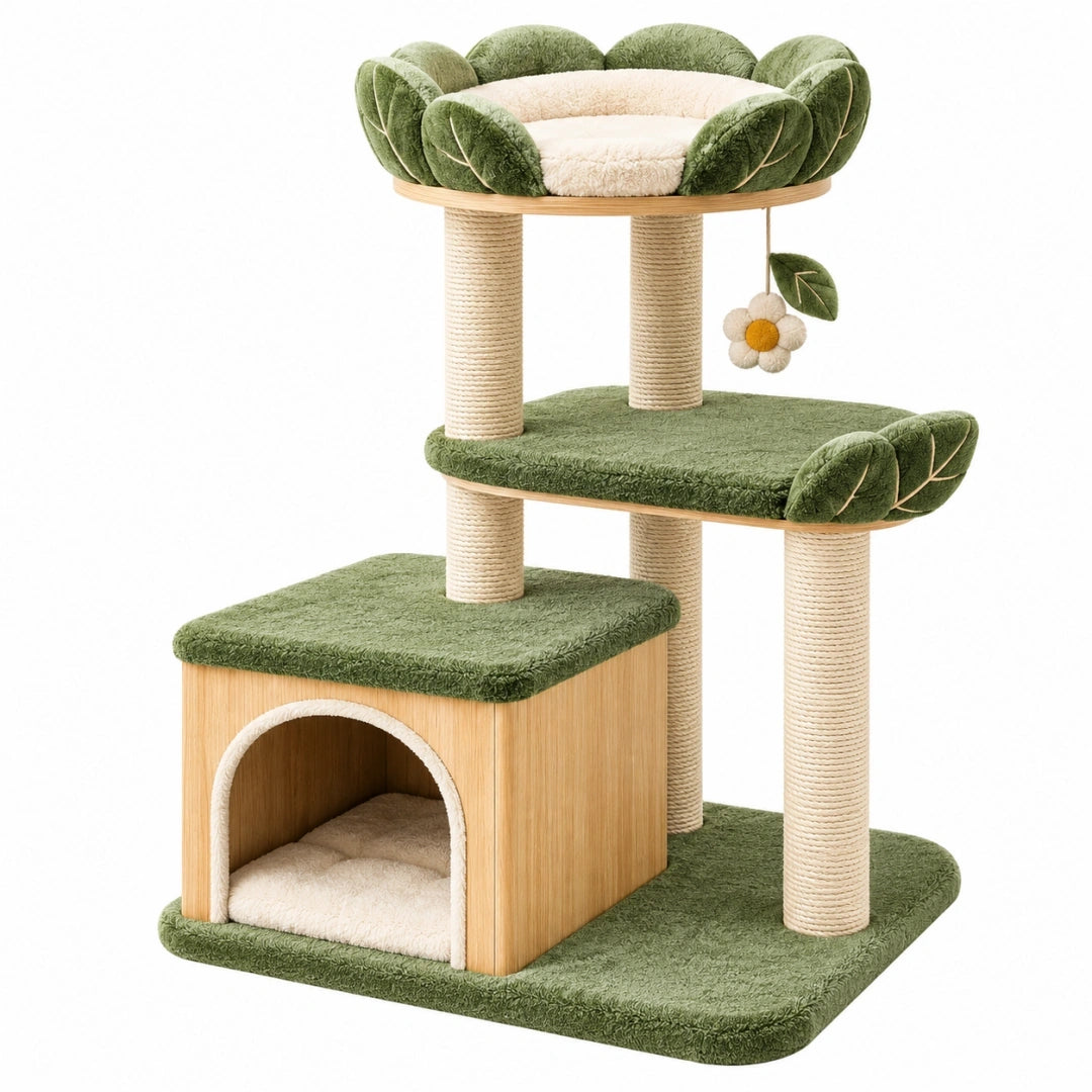 Arbre à chat 60 x 50 x 120 cm vert et beige en bois et sisal avec niches et plateformes