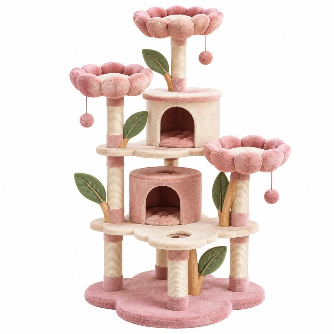 Arbre à chat 60 x 60 x 145 cm en tissu rose avec griffoirs niches et plateformes fleuries