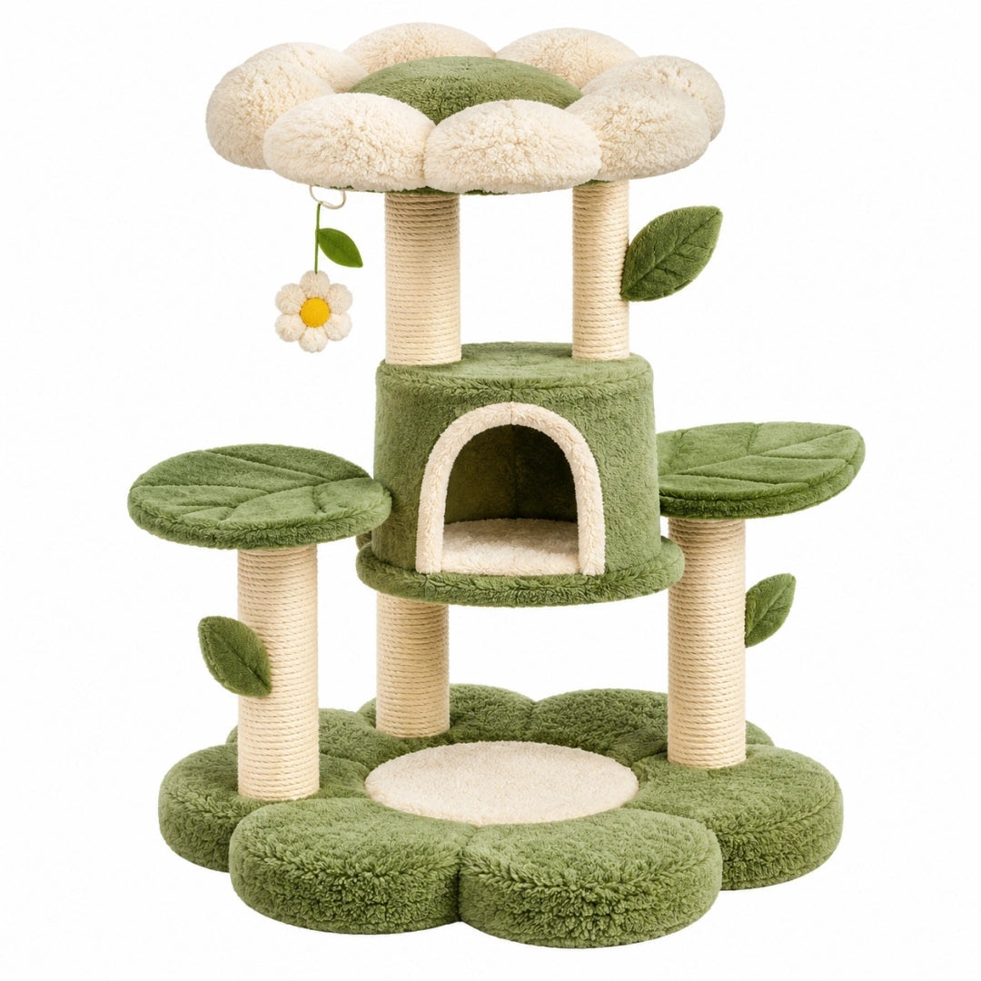 Arbre à chat 60 x 50 x 110 cm vert et crème en tissu avec poteaux en sisal - niche et plateformes
