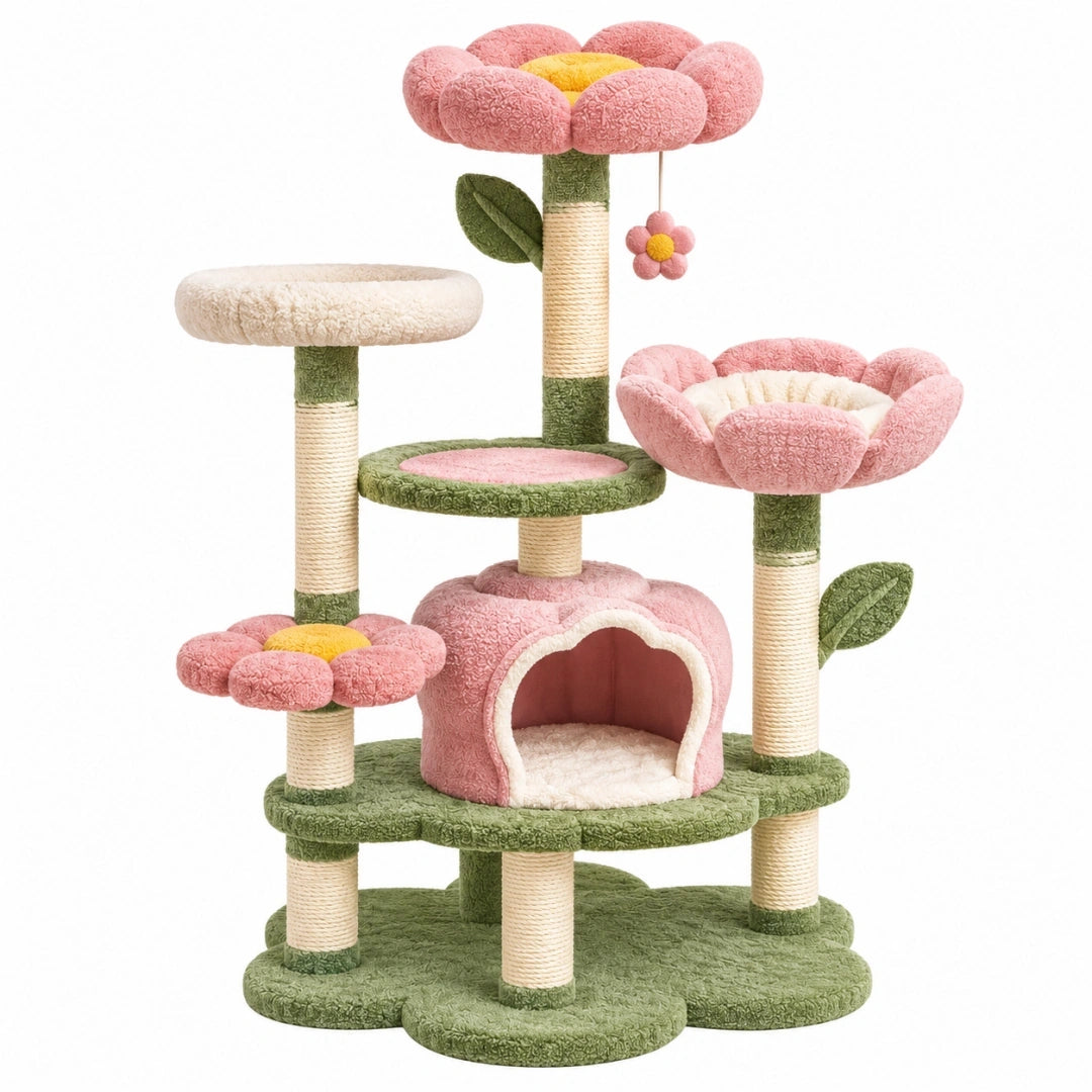 Arbre à chat 80 x 60 x 150 cm en sisal vert rose avec niches et plateformes florales