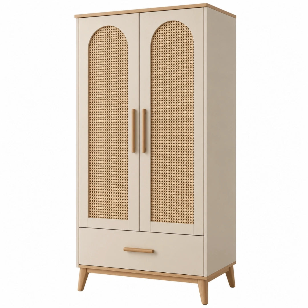 Armoire 80 x 45 x 180 cm en bois et cannage beige style naturel avec 2 portes et tiroir