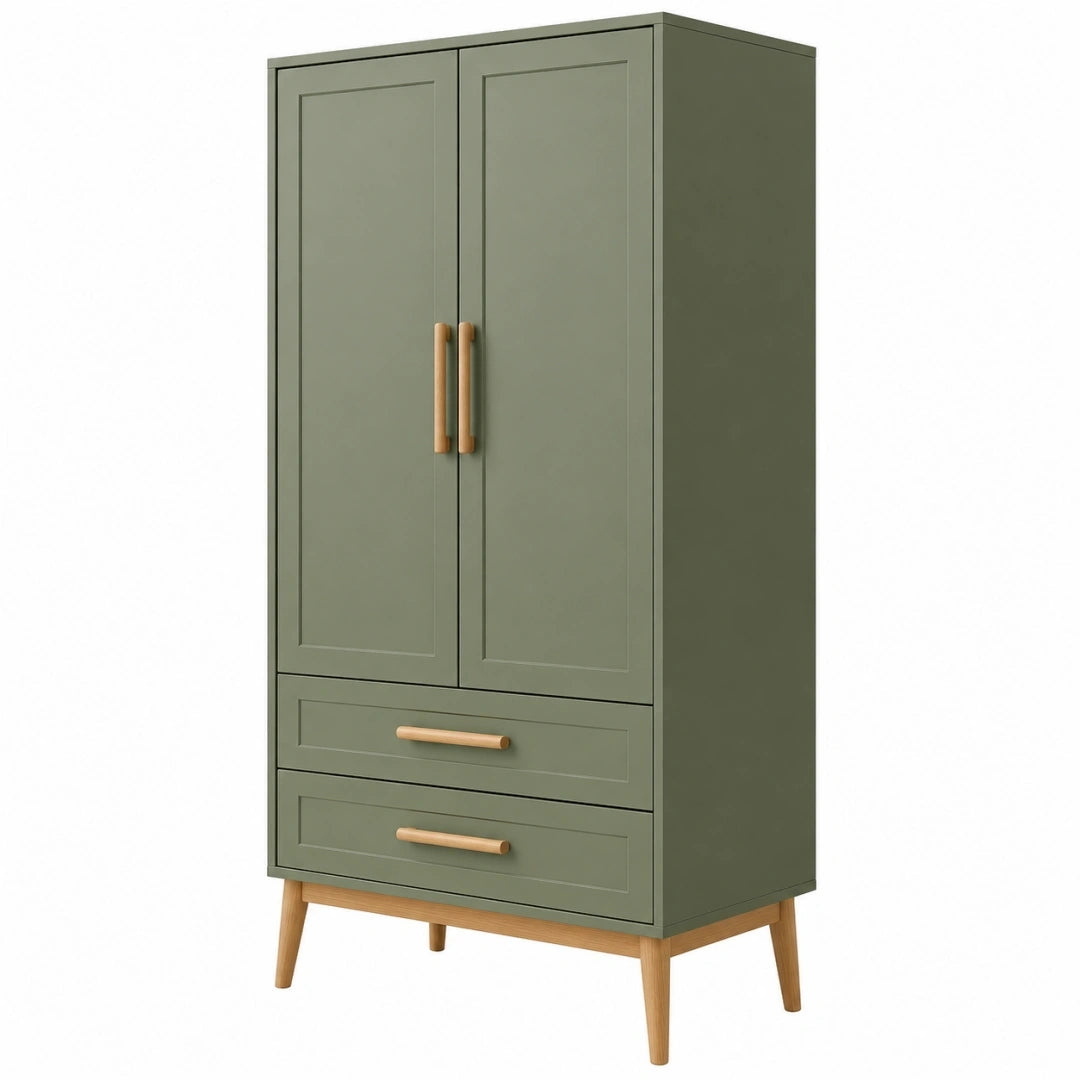 Armoire de rangement 90 x 50 x 180 cm en panneaux de bois vert olive style scandinave avec 2 portes et 2 tiroirs