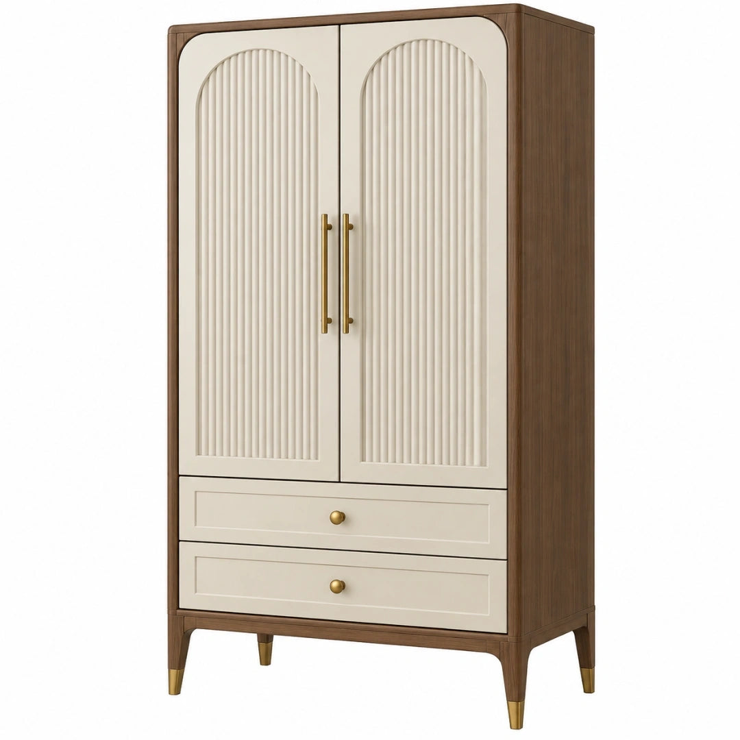 Armoire 100 cm x 50 cm x 200 cm en panneaux de bois noyer et crème à 2 portes avec tiroirs style contemporain