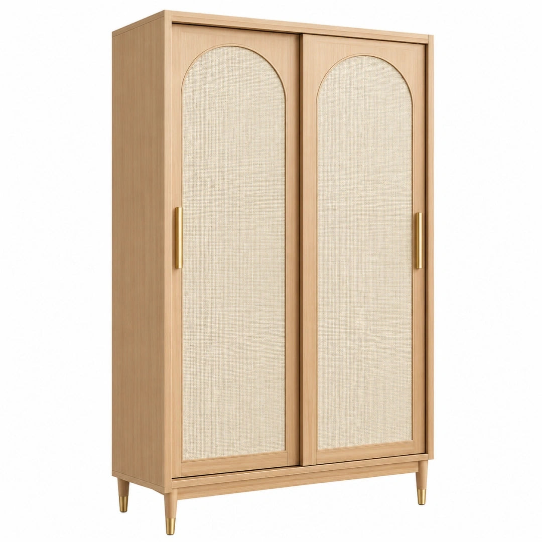 Armoire 100 x 50 x 190 cm en bois beige avec portes coulissantes en cannage style naturel