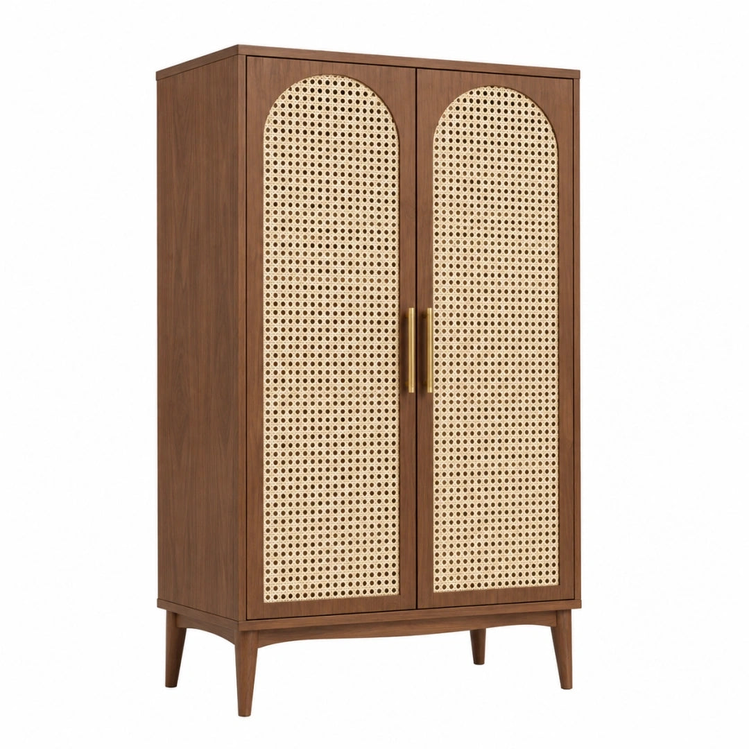Armoire de rangement 90 x 45 x 180 cm en bois brun et cannage naturel style rétro à 2 portes