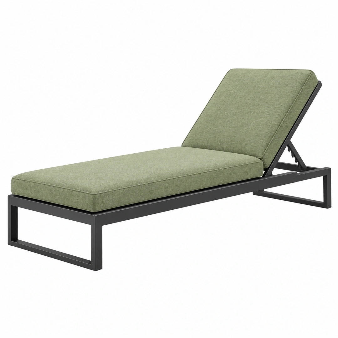 Chaise longue de jardin 200 x 65 x 35 cm en métal noir et tissu vert à dossier réglable