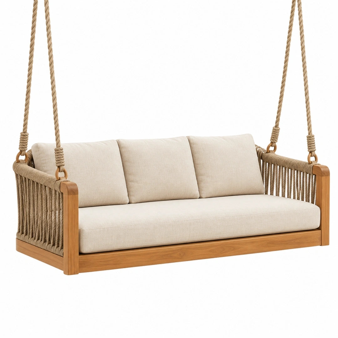 Balancelle de jardin 3 places 180 x 80 x 190 cm en bois et corde beige style bohème suspendue