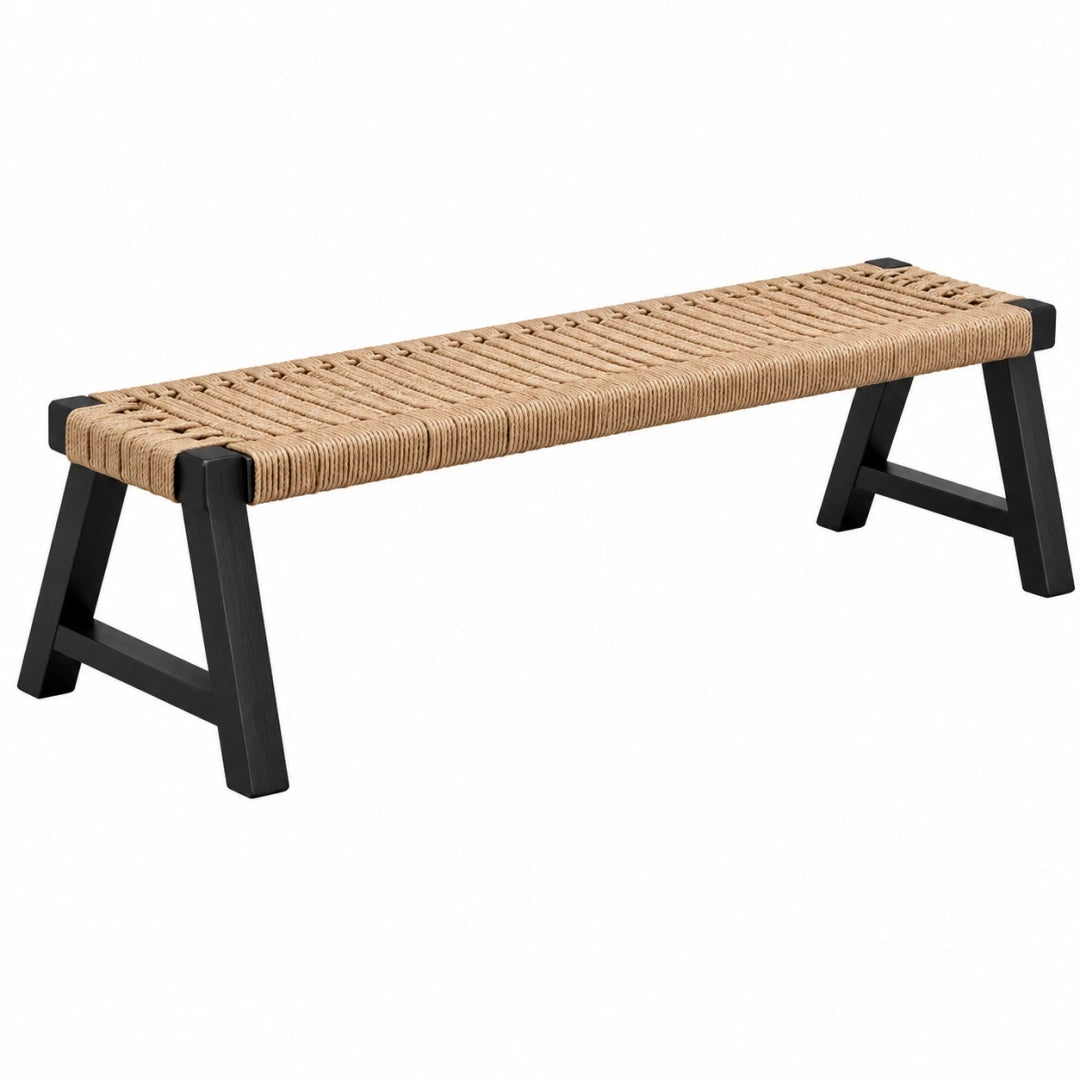 Banc 120 cm en bois noir et corde tressée style bohème