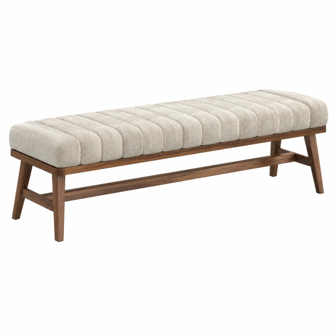 Banc rembourré 160 x 45 x 47 cm en tissu beige et bois brun style contemporain