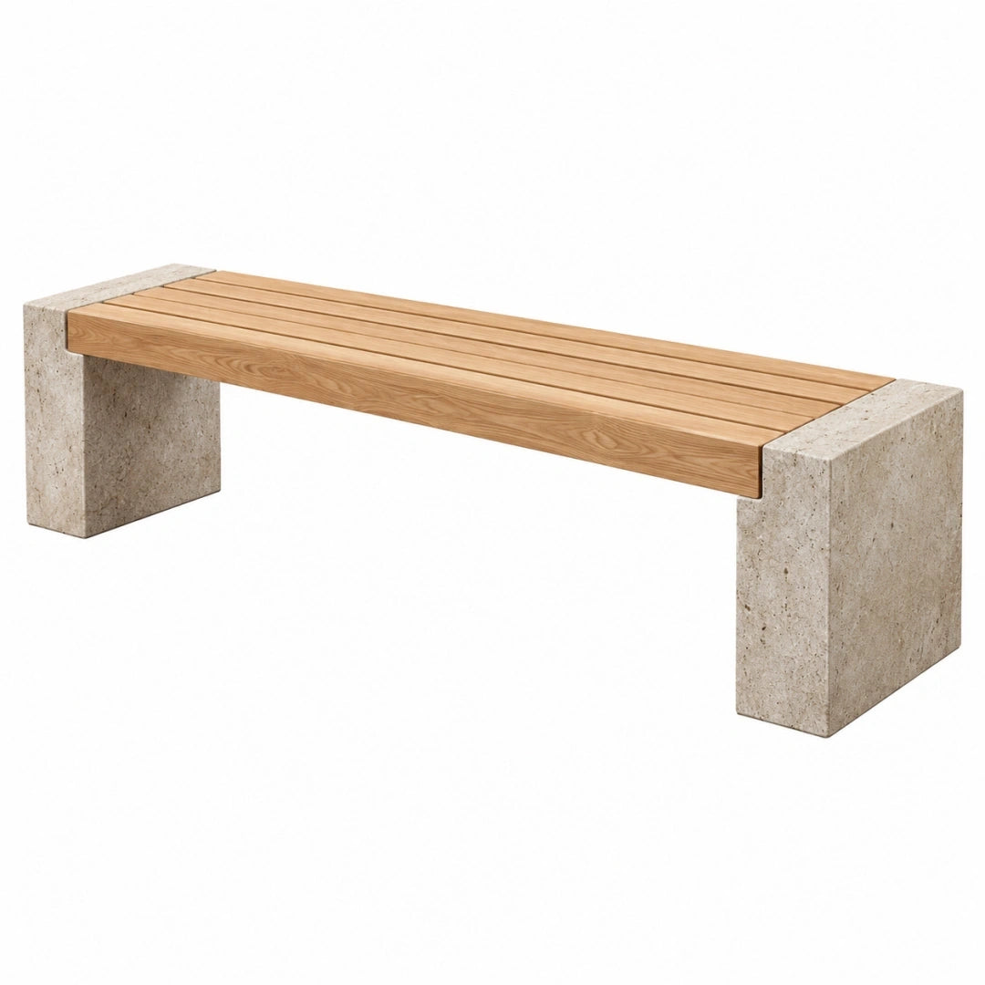 Banc 180 x 40 x 45 cm en bois et pierre travertin naturel style contemporain