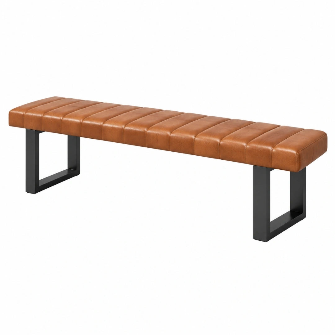 Banc 180 x 40 x 45 cm revêtement aspect cuir marron pieds métal noir style industriel