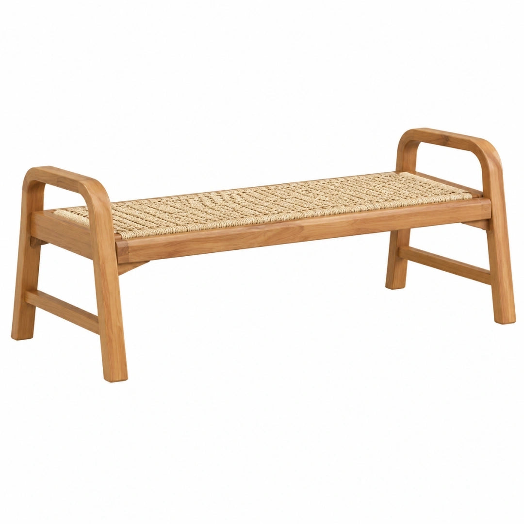 Banc 120 cm en bois naturel et fibres tressées style artisanal