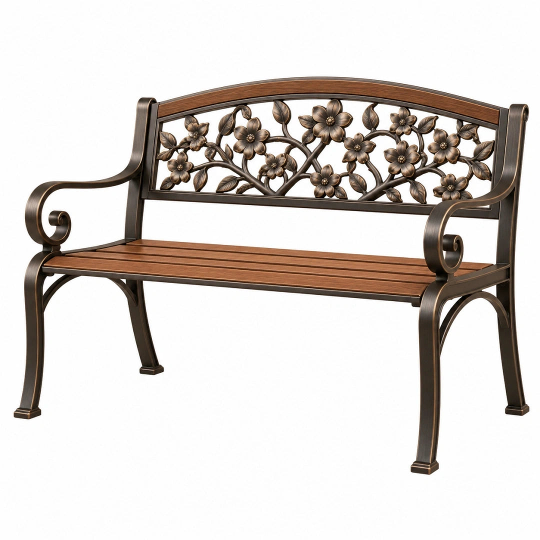 Banc de jardin 127 x 61 x 91 cm en métal brun avec assise effet bois style classique