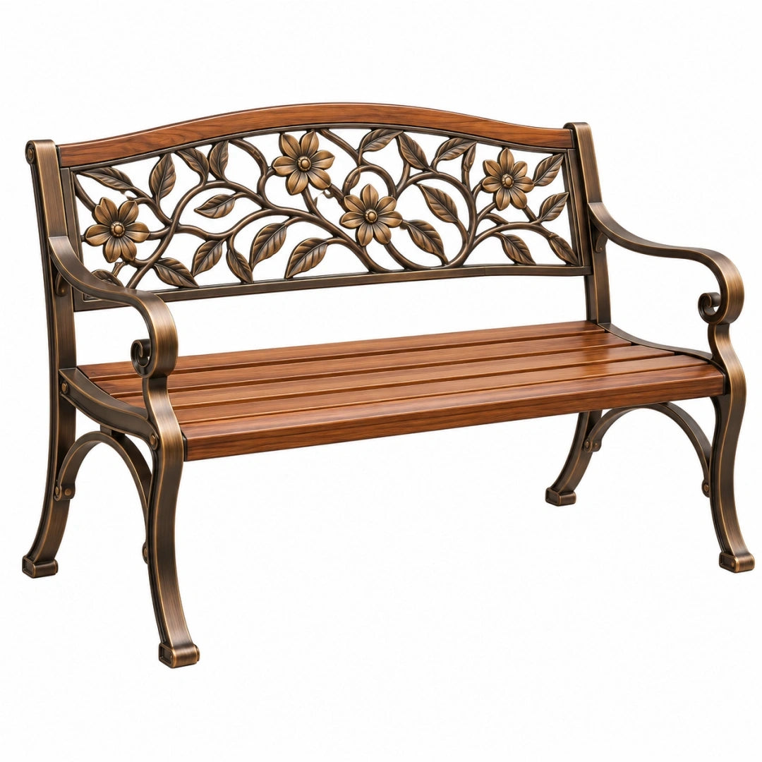Banc de jardin 122 x 60 x 90 cm en métal brun style classique à motif floral