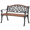 Banc de jardin 122 x 62 x 88 cm bois et métal marron noir décor feuilles