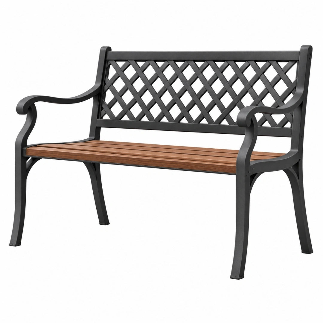 Banc de jardin 122 x 62 x 87 cm métal et bois noir marron style classique à dossier treillis