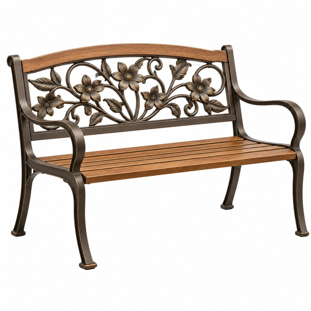 Banc de jardin 123 x 62 x 90 cm en métal brun effet bois style floral