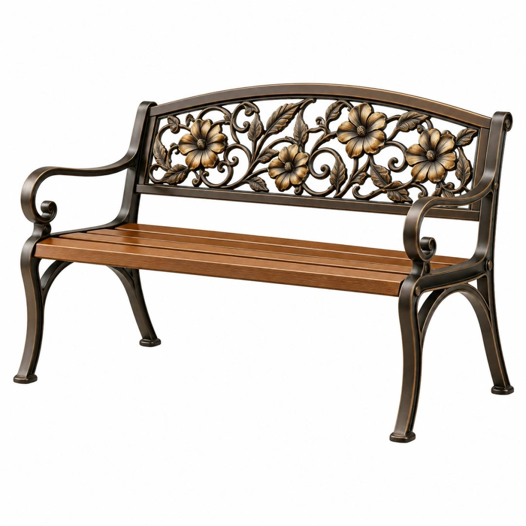 Banc de jardin 125 x 60 x 85 cm métal et bois bronze marron style floral classique