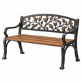 Banc de jardin 122 cm en métal noir et bois brun avec dossier feuilles