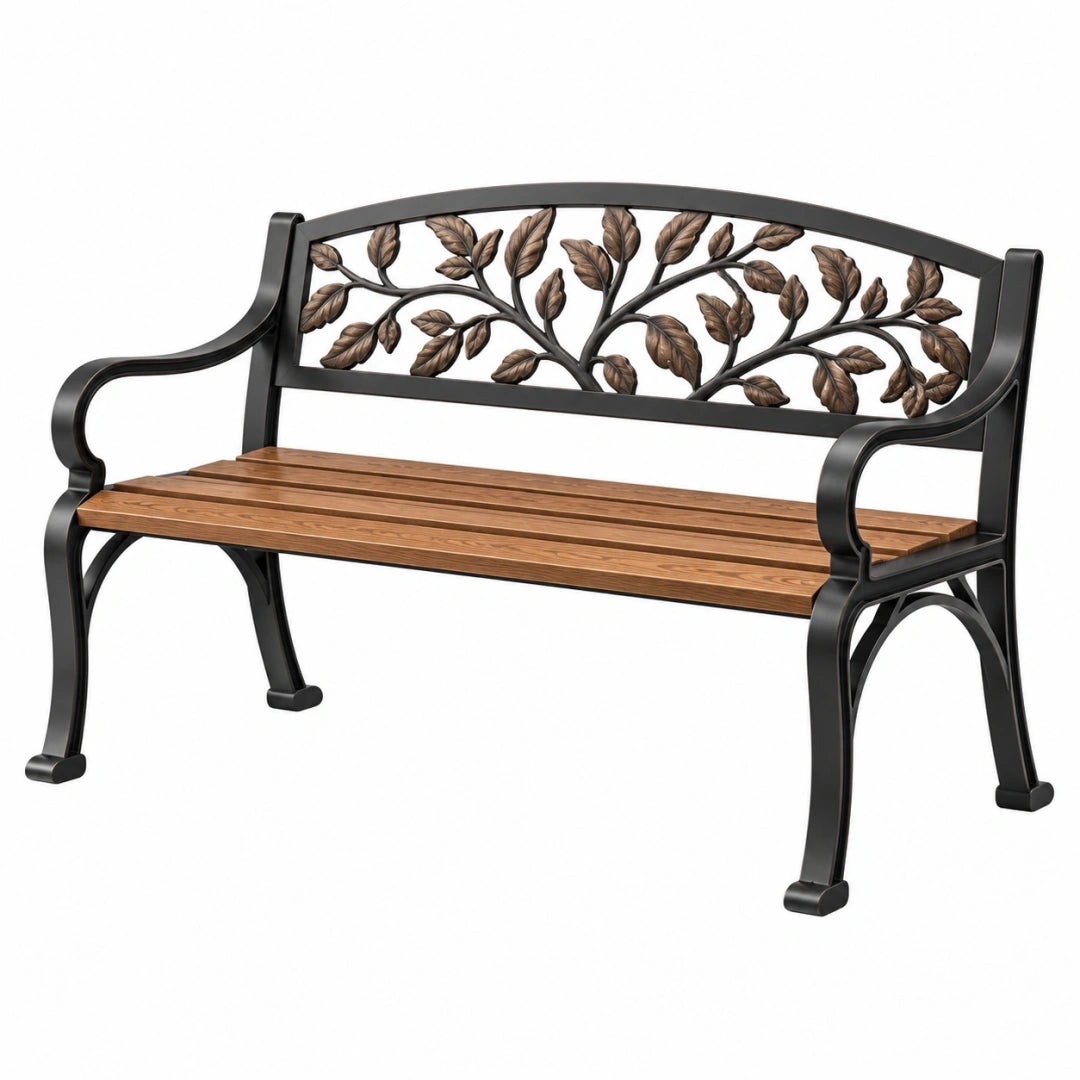 Banc de jardin 122 cm en métal noir et bois brun avec dossier feuilles
