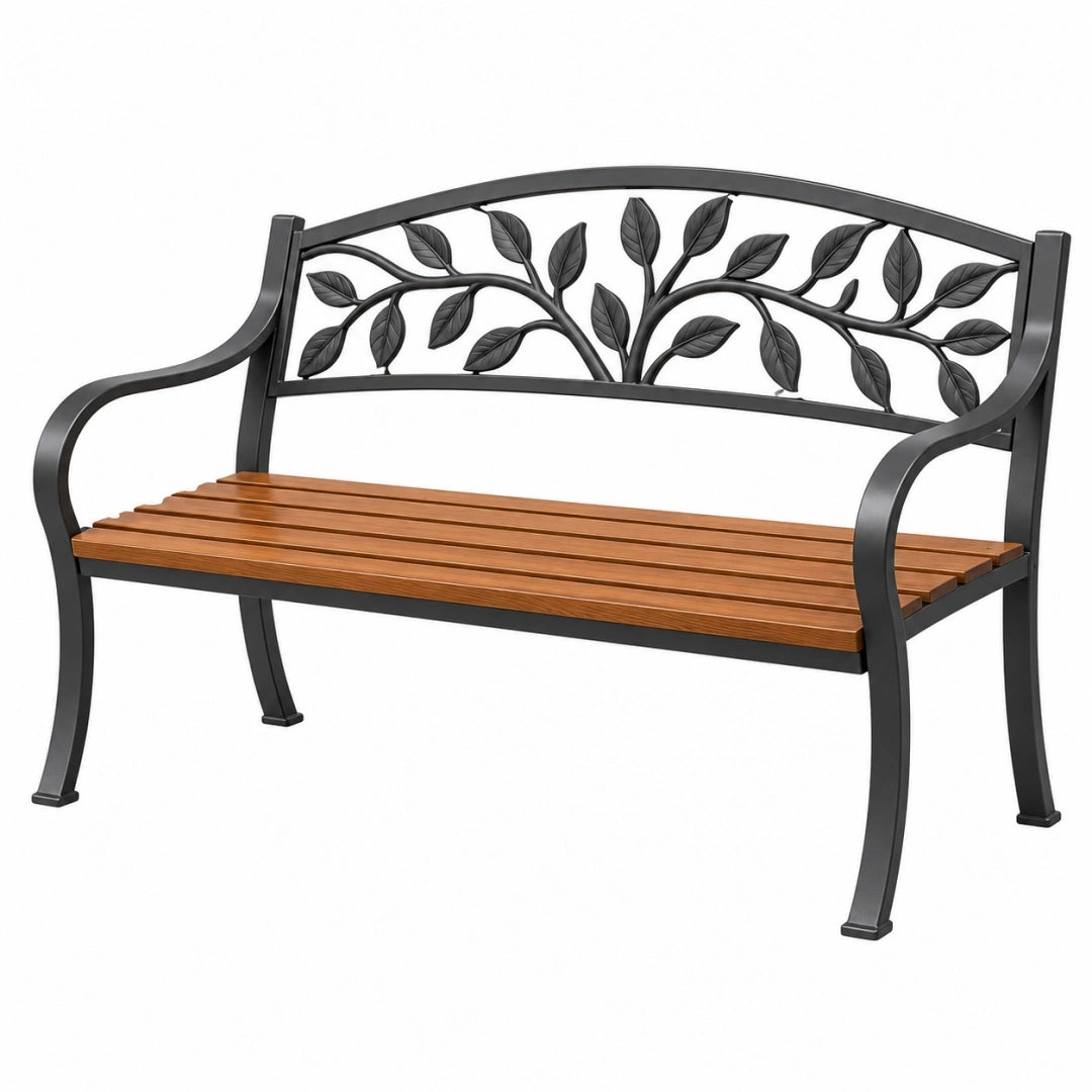 Banc de jardin 120 x 60 x 88 cm en métal et bois noir marron style végétal
