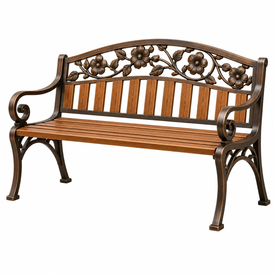 Banc de jardin 120 x 62 x 93 cm métal et bois marron style classique à dossier floral
