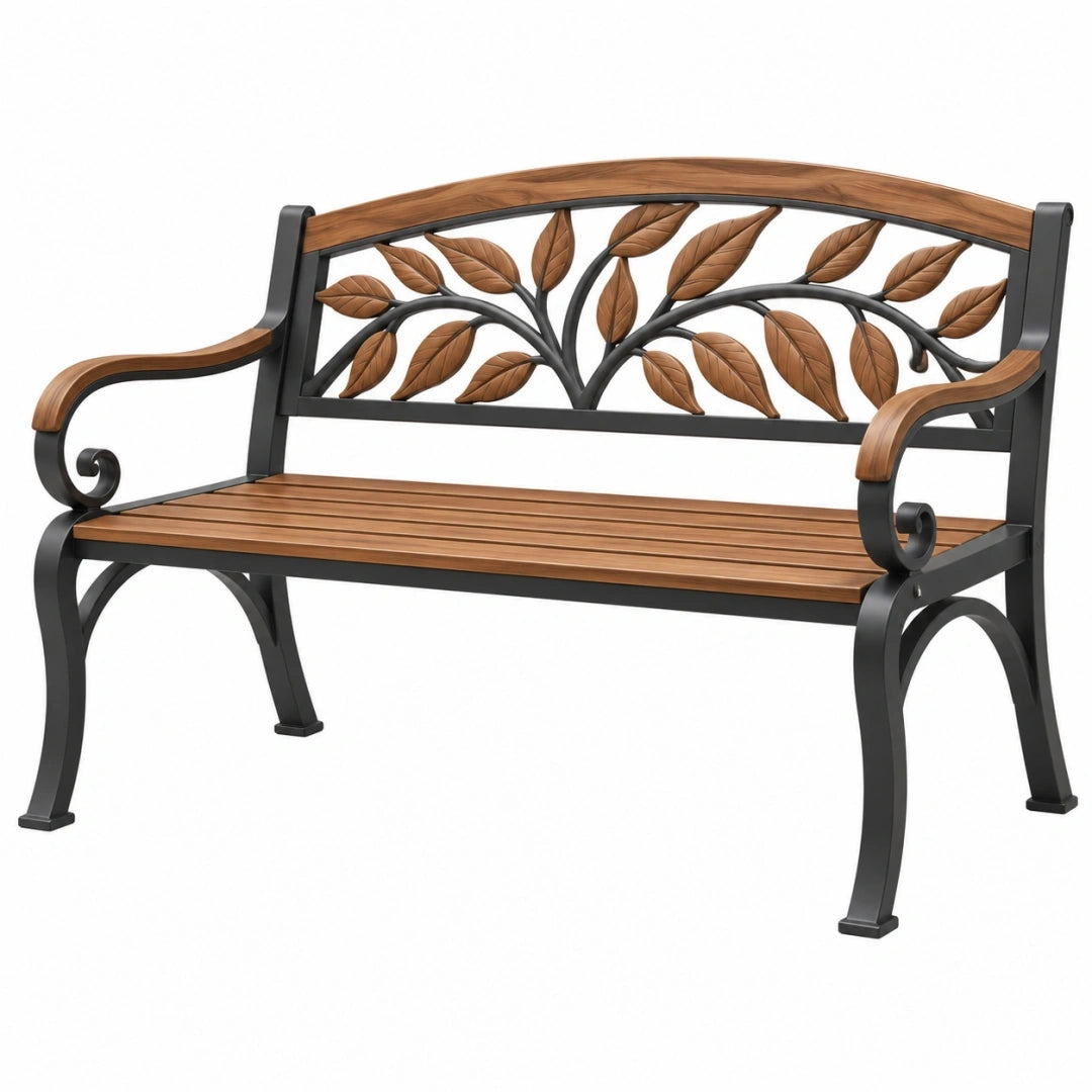 Banc de jardin 120 x 60 x 85 cm en métal et bois brun noir style feuilles