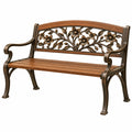 Banc de jardin 120 cm en métal et bois marron style classique à motif floral